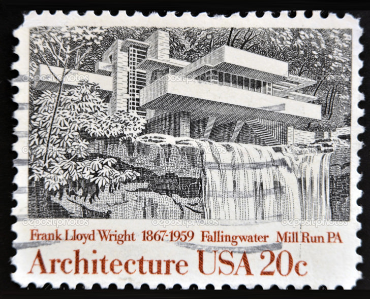 UNITED STATES OF AMERICA - CIRCA 1982: A stamp printed in USA shows Fallingwater, Mill Run, Pennsylvania, by Frank Lloyd Wright, circa 1982