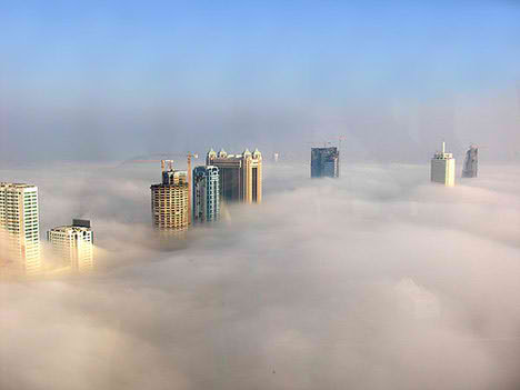 dubai fog mist city beautiful aerial view