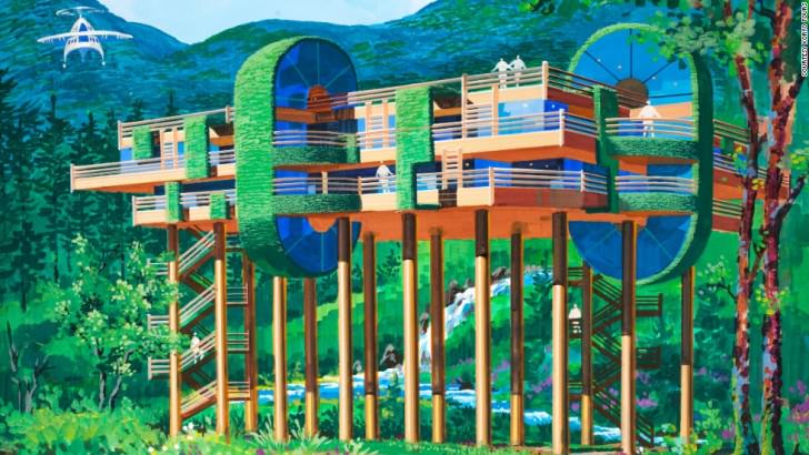 A woodland retreat on stilts. This secluded structure has four rooms catering for luxury accommodation as well as a helicopter landing pad to provide access. North Korean's Architect and Designer's Vision Of The Future