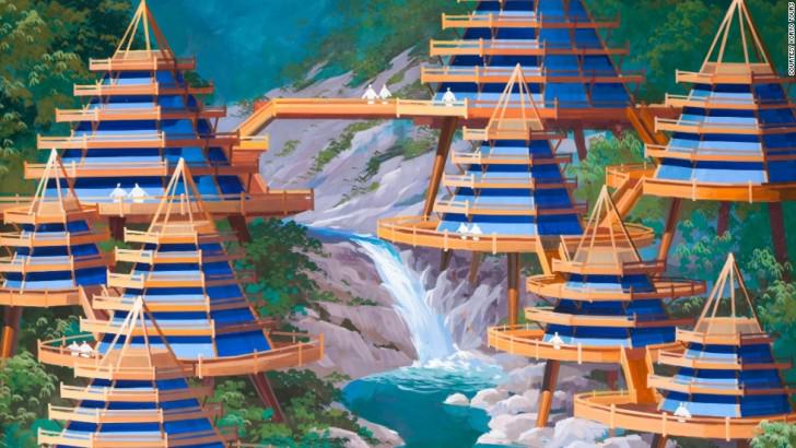 A designer envisions a cluster of holiday villas overlooking a waterfall in the Mount Kumgang region. North Korean's Architect and Designer's Vision Of The Future