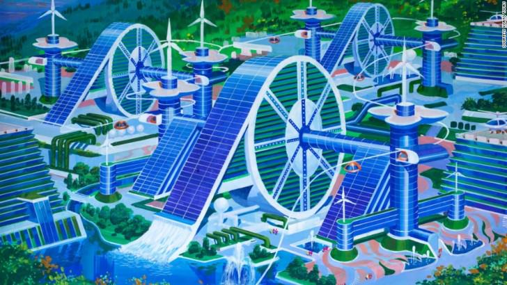 A futuristic silk cooperative that aims to bring together workers of the countryside has plenty of space for wind turbines and helicopter landing pads. The style depicts a traditional Korean hand wheel which is used for weaving. North Korean's Architect and Designer's Vision Of The Future