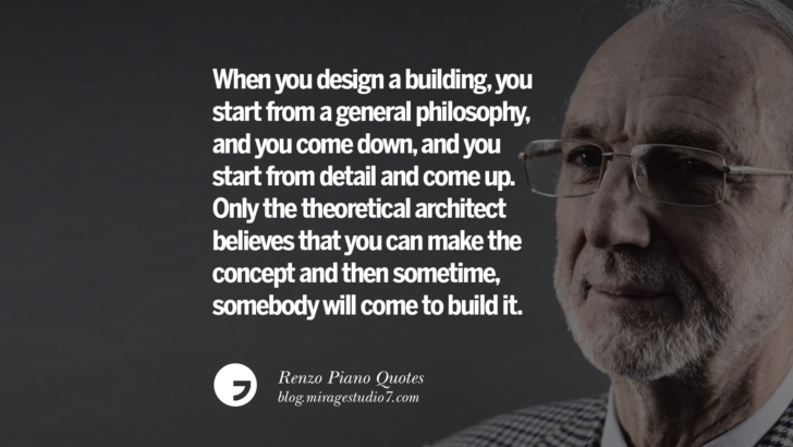 When you design a building, you start from a general philosophy, and you come down, and you start from detail and come up. Only the theoretical architect believes that you can make the concept and then sometime, somebody will come to build it. Renzo Piano Quotes On Changes And The Art of Making Buildings